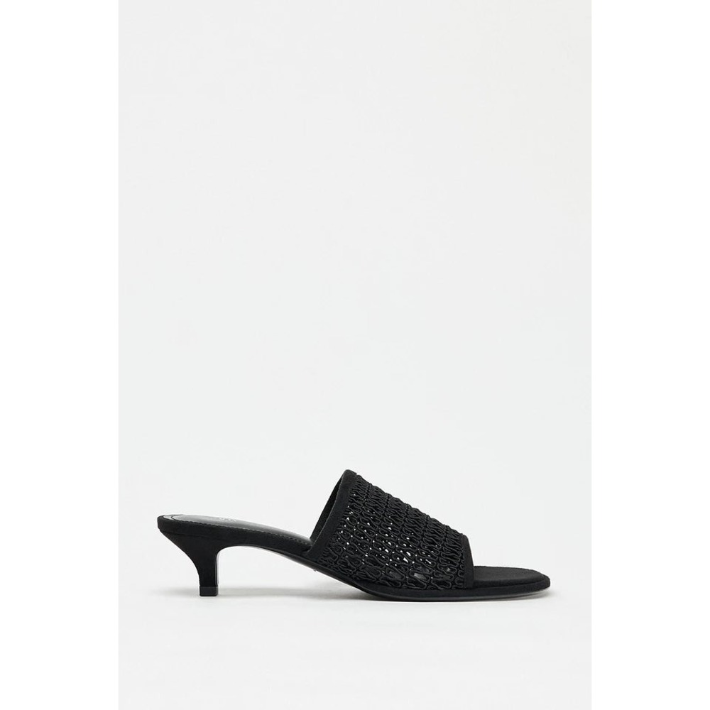 Zara Black Openwork Woven Kitten Heel Mule Sandals Size 40 US 9